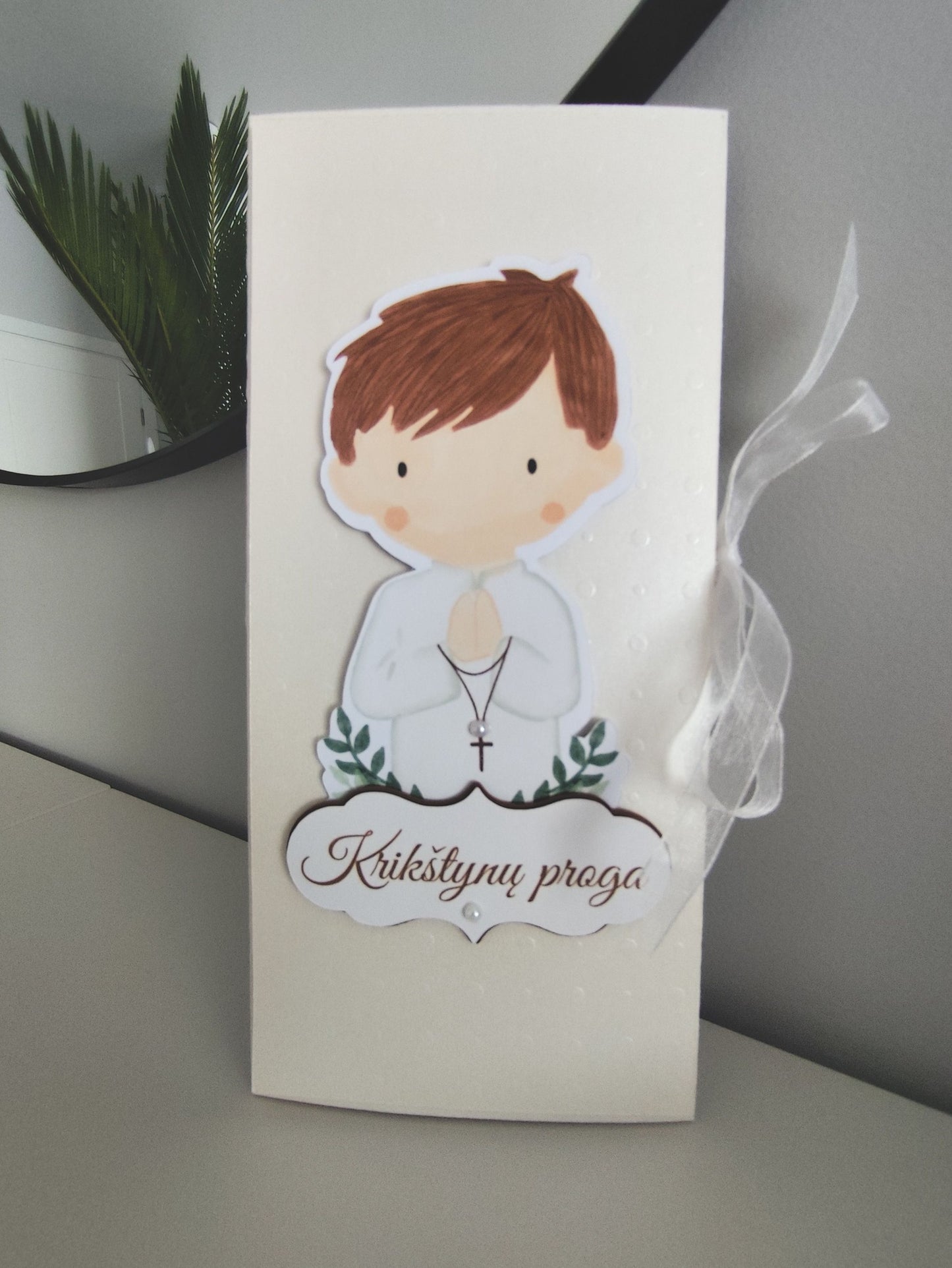 Rankų darbo atvirukas berniuko krikštynoms