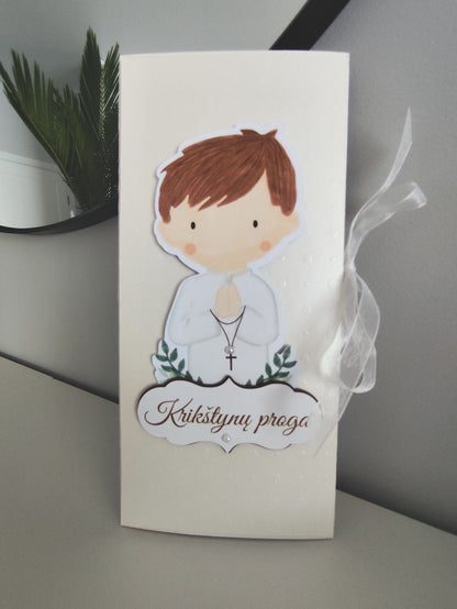 Rankų darbo atvirukas berniuko krikštynoms