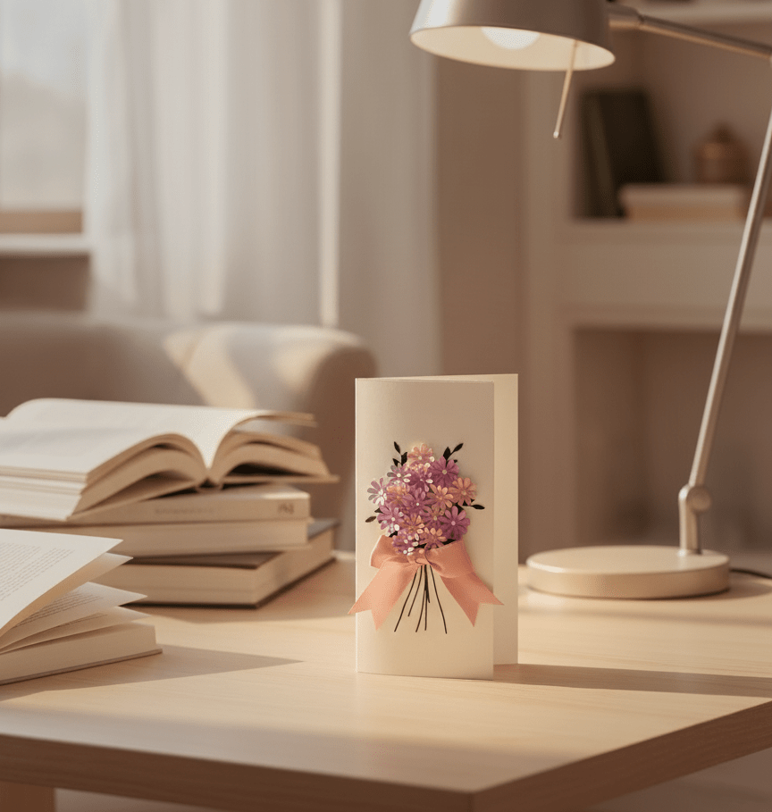 Rankų darbo gimtadienio atvirukas su gėlių puokšte - Dodeco