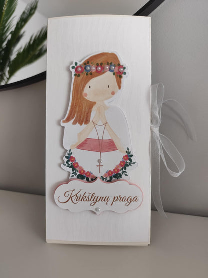 Rankų darbo atvirukas  mergaitės krikštynoms